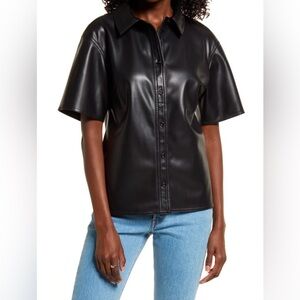 Open Edit black leather button down collared short sleeve shirt